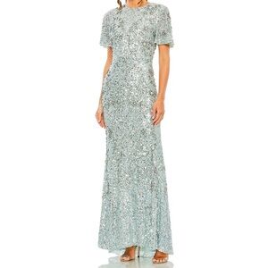 NWT $998 Mac Duggal [6] Flutter sleeve sequin high neck gown French blue Q672